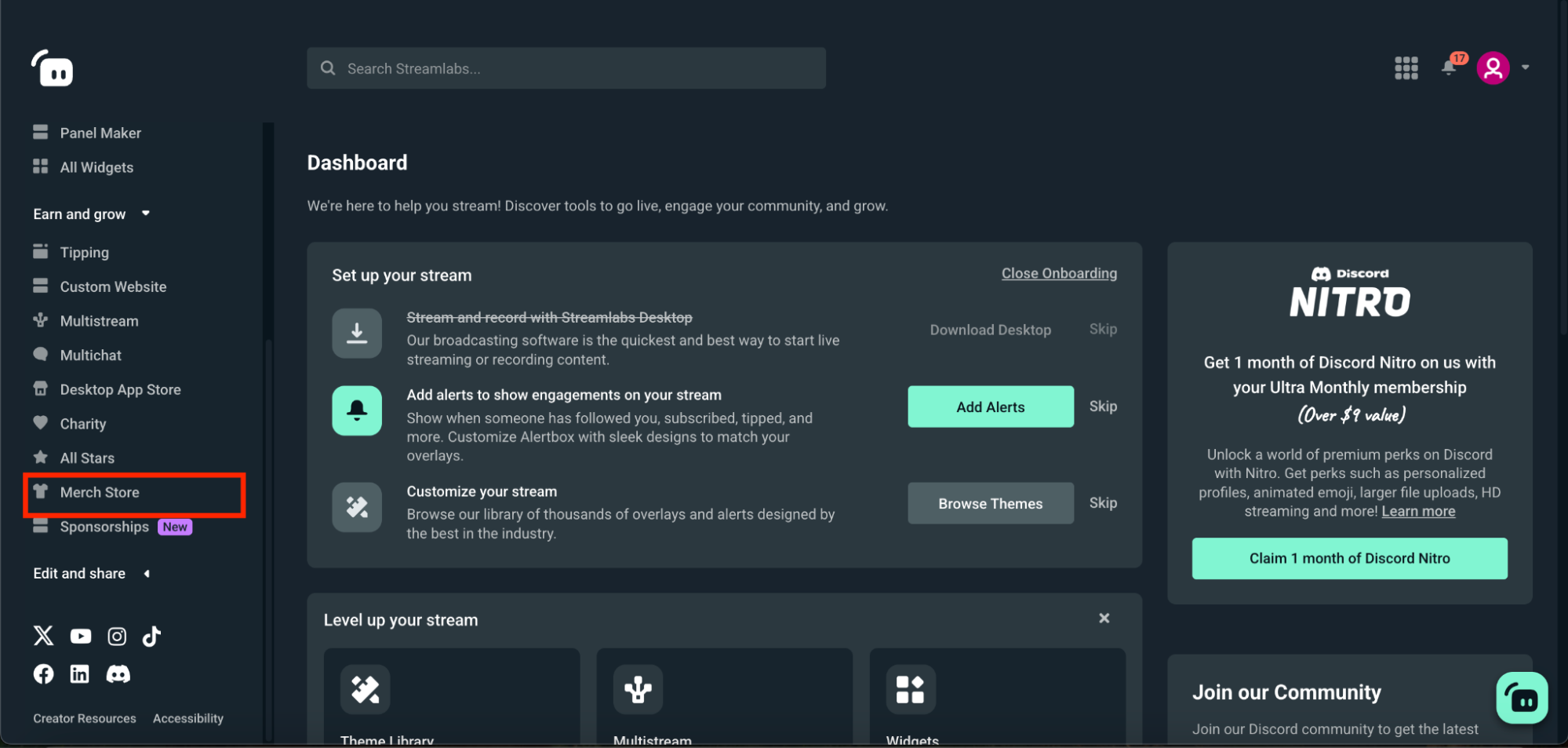 streamlabs main dashboard
